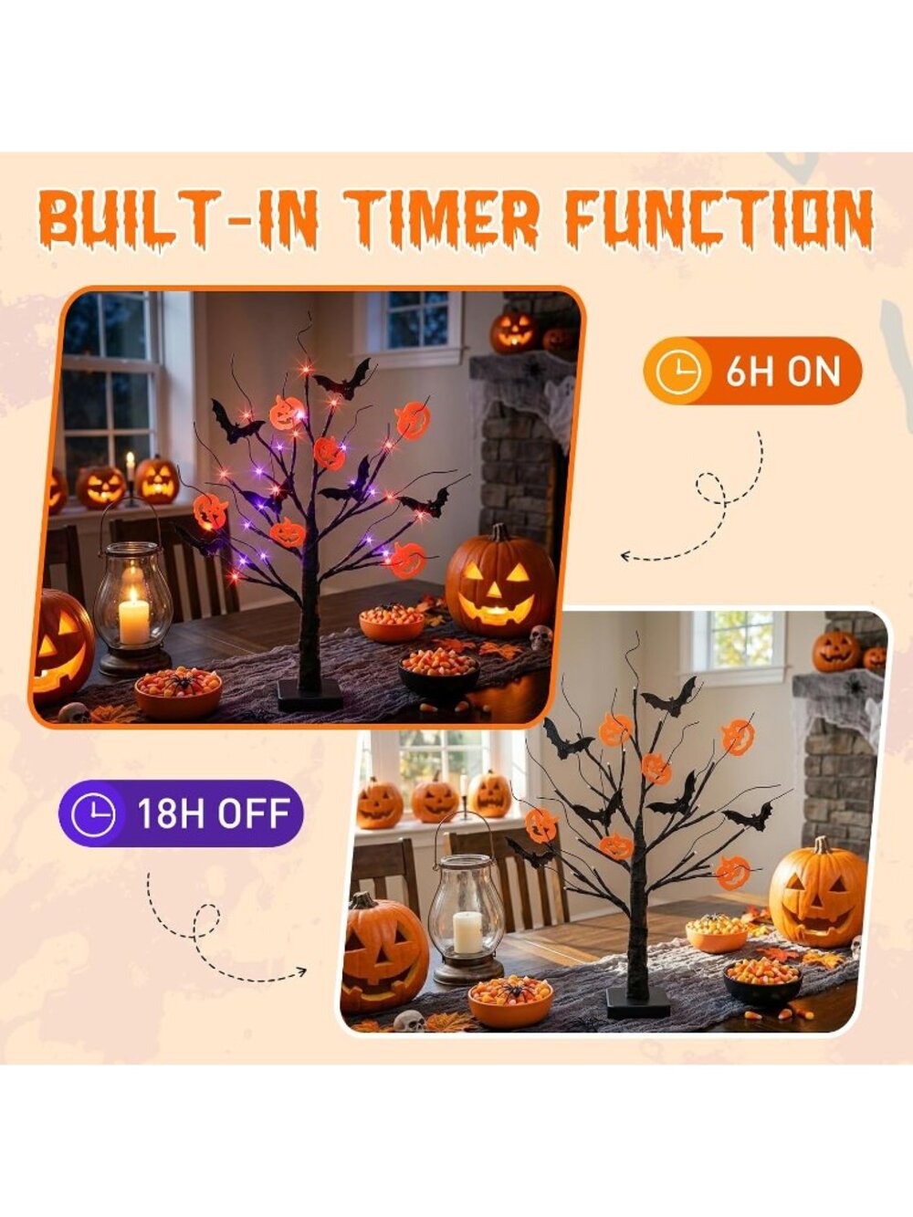 New 22 Inch Halloween Black Tree 24 LED Orange Purple Lights Timer Decor - Picture 4 of 7